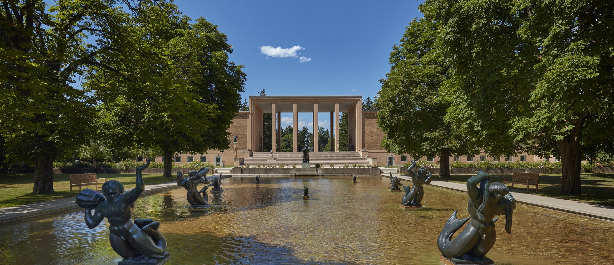 View from Triton Pools to Cranbrook Art Museum and Cranbrook Academy of Art Library. Photo by James Haefner.