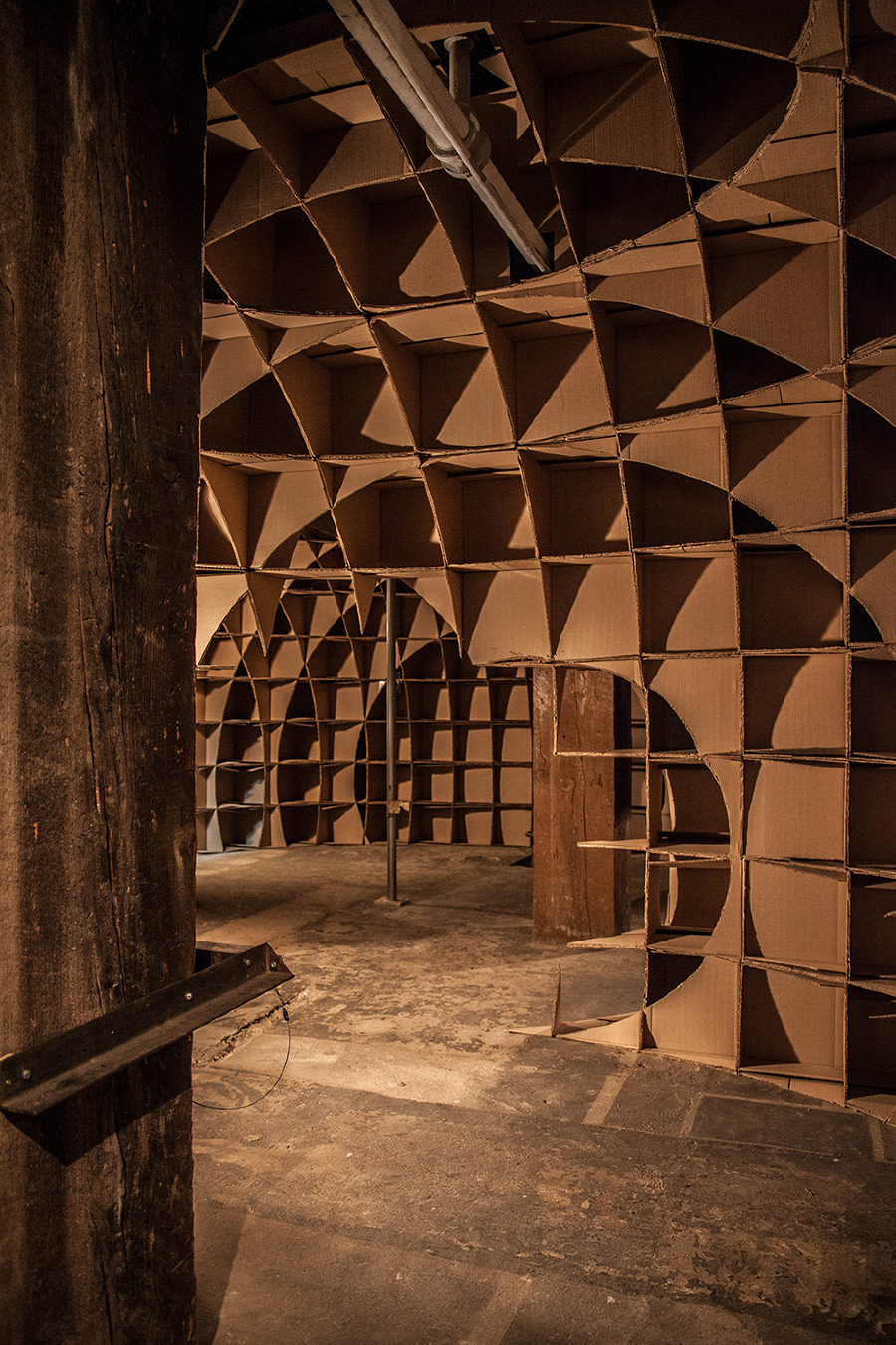 building interior with cardboard cubes