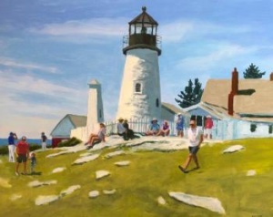 Acrylic painting featuring a lighthouse scene, with several people walking across the green grass area around the structure.