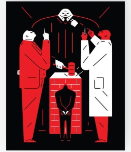 A black, red, and white graphic illustration by Cleon Peterson. On the left, a figure in red suit holds up a finger. On the right, a figure in a white labcoat holds up a syringe squirting a small amount of liquid. In the background, a figure in black robe hits a hammer on a brick podium. A smaller black figure in shackles standing front of the brick podium.
