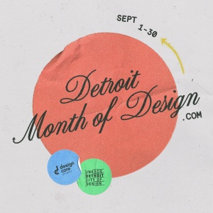 Detroit Month of Design . com in script text across a muted red circle with paper texture.