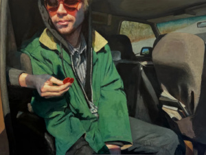 A realistic oil painting of a person wearing sunglasses and a green jacket, sitting in the backseat of a car. A hand reaches from out of frame in front of the person holding out a small red object.