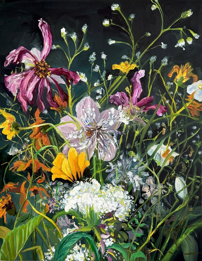 A colorful oil painting of wild flowers with heavy, expressive brushstrokes angainst a dark background.