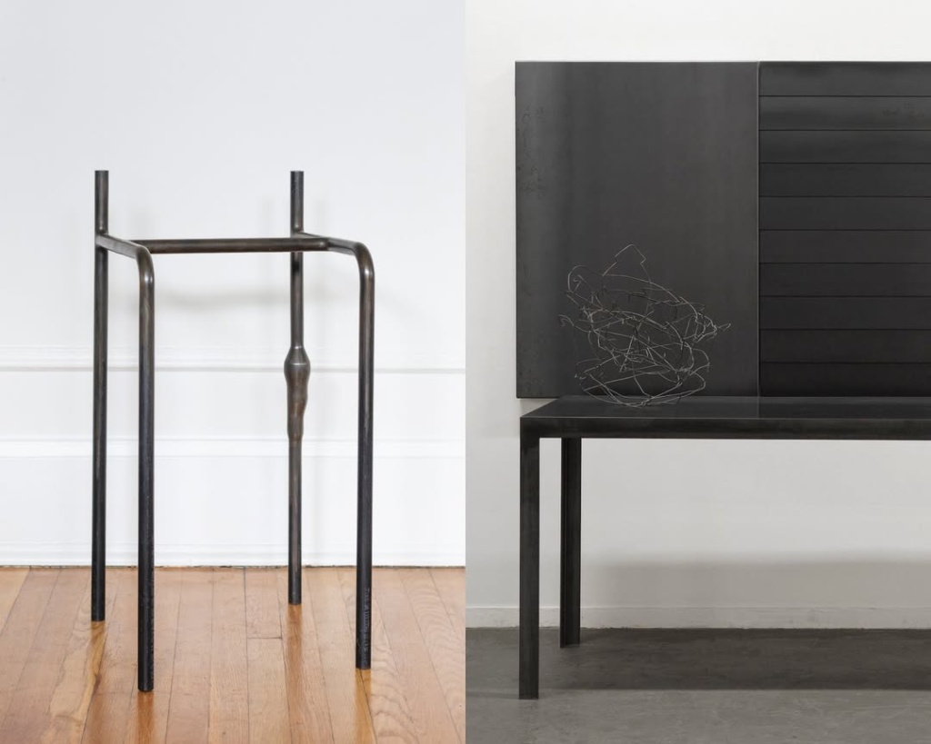 A collage of two modern art sculptures side by side. On the left, a slender, metallic stool with minimalist design and thin legs. On the right, a sleek, black panel artwork with abstract line engravings, resembling a rectangular desk with clean lines. Both pieces have a contemporary and industrial aesthetic.