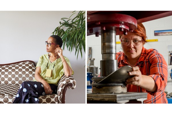 A collage of two images side by side. On the left, Sonya Clark sits in a patterned armchair in front of a leafy plant, wearing glasses and a green top. On the right, Vivian Beer works at a metal press in her studio, wearing safety glasses and a plaid shirt. Photo courtesy the American Craft Council.
